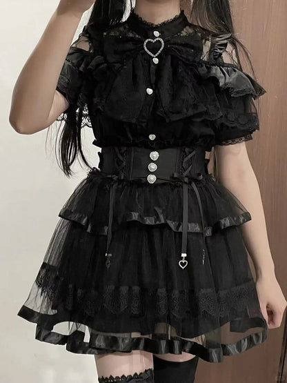 Big Ruffles Black/White Illusion Neckline Tiered Heart Buttons Short Jirai Kei Bow Sleeves Blouse with