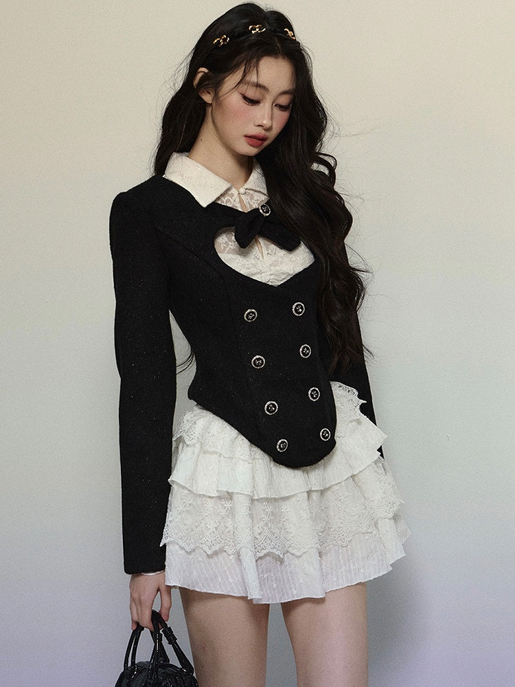 Black Heart-shaped Cutout Cropped Woolen Jacket