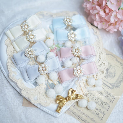 Pompons Charm Jirai Kei Schleife Haarspangen Rosa/Staubblau/Cremeblau Staubweiß/Hell