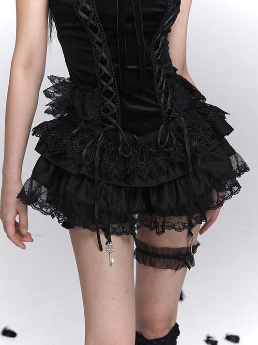 with Lace Skirt Tiered Gothic Puff Mini Pattern Cross Black