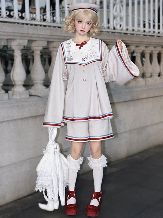 Ensemble complet Lolita Sailor Ouji beige : haut col marin beige, short Ouji beige et béret beige
