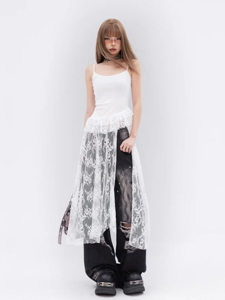White Contrast Lace Patches Glamorous Cami Top Tiered Ruffles