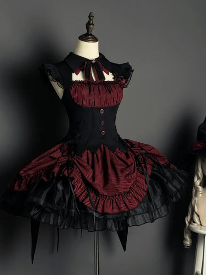 Red and Black Boned Waist Drawstring Striped Pattern Hem Halloween Gothic Lolita Dress