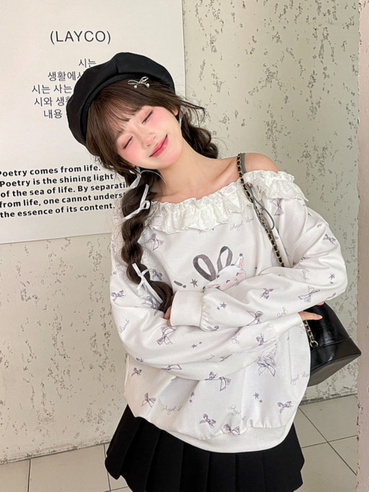 Ruffled Asymmetrical Lamb and Bow Print White Neckline Sweatshirt