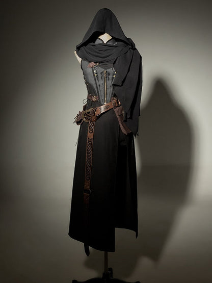 Shawl Gray Dress Sleeves Thigh-high Sleeveless Belt Slit Black Shorts + and Hood