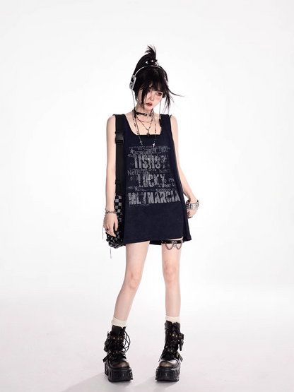 Black Scoop Neckline Letter Print Oversized Tank Top