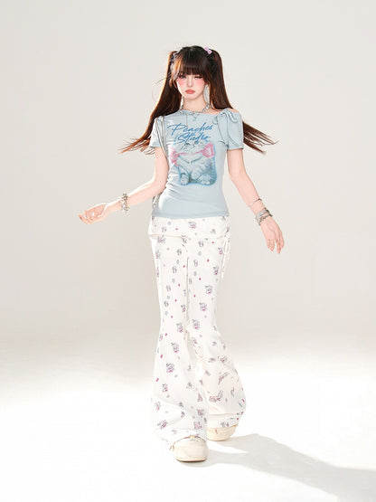 Adorable Bear and Bunny Print Drawstring Design Side White Glamorous Flared Pants