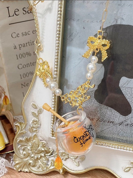 Yellow Decorated Beaded Bowknot Honey Pot Pendant And Necklace