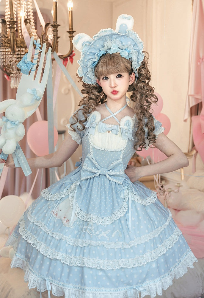 Bunny Square Dots Pattern Ears Lolita Polka Blue Plush Neckline Sweet Dress