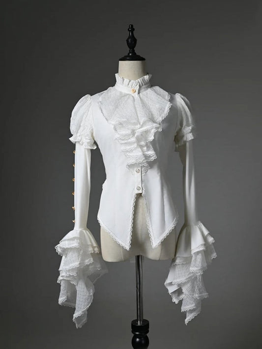 White High-low Long Sleeves Neck Jabot Hem Shirt High Ruffled