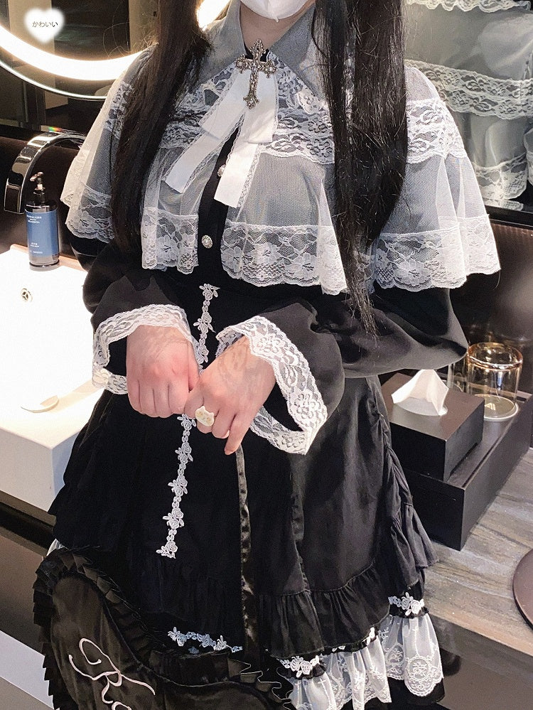 Jirai Kei White&Black/All Black Lace Cape Design Landmine Style Blouse