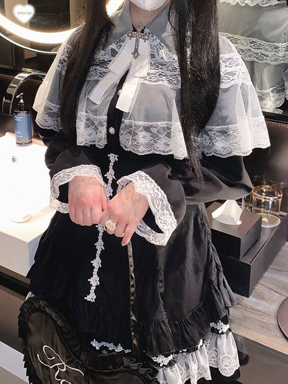 Jirai Kei White&Black/All Black Lace Cape Design Landmine Style Blouse