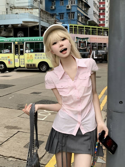 Pleated Skirt Style Preppy Sweet Pink Short Sleeve Shirt/Gray Mini