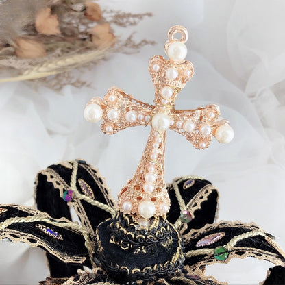 Strass Schwarzes Kreuz Mini Lolita Krone Hut Verziert Hime Design Schleife Perlen