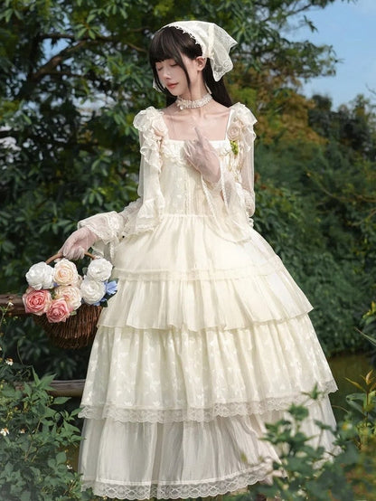 Dress Butterfly Creamy Lace JSK Set Lolita Layered Full Patched