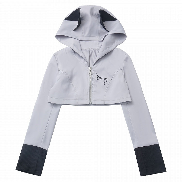 Wolf Ears Gray Zip Hood Closure Design Cropped Jacket