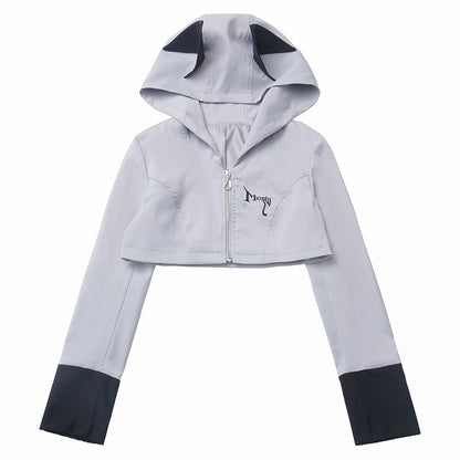Wolf Ears Gray Zip Hood Closure Design Cropped Jacket