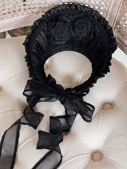 with Bonnet Ruffled Rosette Apricot/Black/White/Red Accents Lolita Detachable