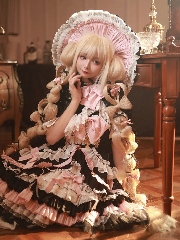 Black and Pink High Waist Sweet Witchy Dress Lolita Jumper Skirt Full Set