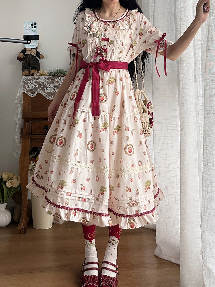 Strawberry Print Pink House Beige Short Sleeves Lolita Dress