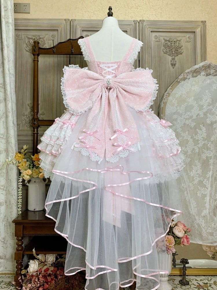 Pink Hanayome Bowknots Decorated Layered Skirt Sweet Hime Lolita Jumper Skirt Set