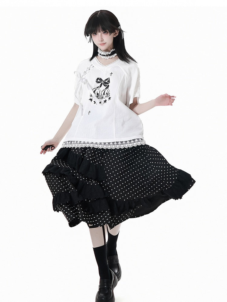 Black Elastic Waist Asymmetrical Lace Polka-Dot Skirt Trim