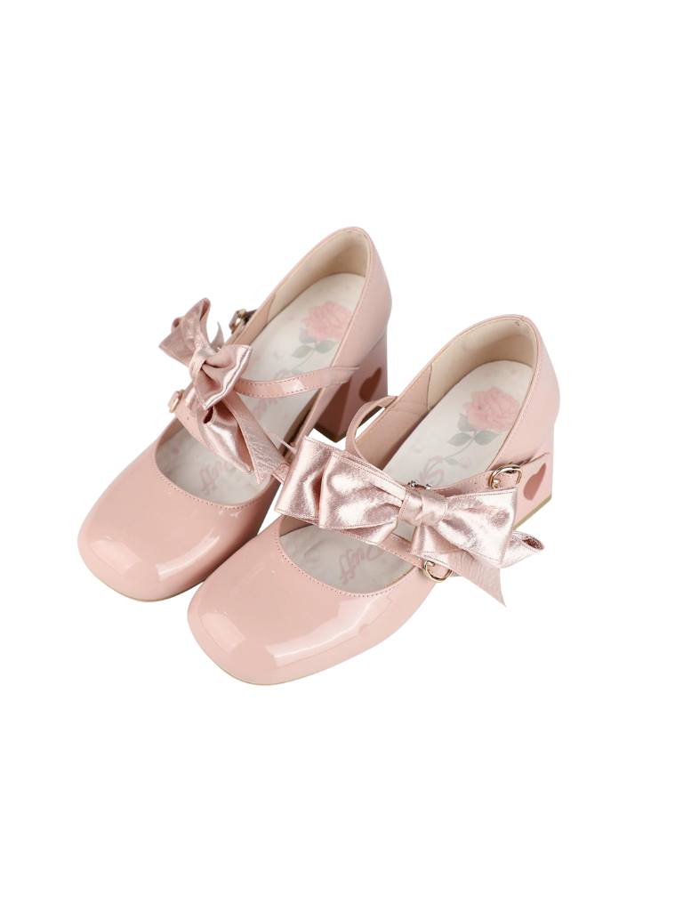 High Ribbon Heart Heel Shoes Ribbon Open Lolita Jewel
