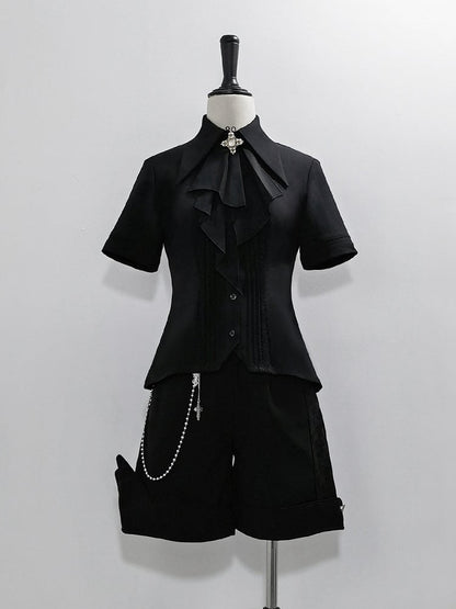 Jabot Lolita Collar Black Foldover Short Fashion Sleeves Shirt Pointed Ouji