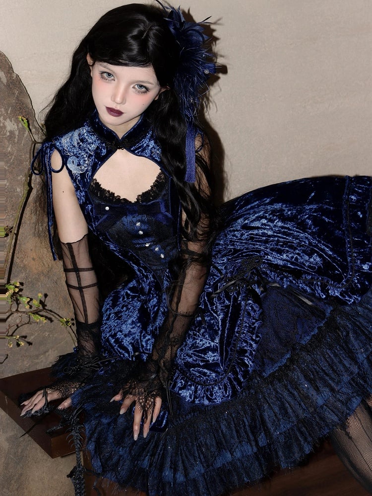 Dark Blue Cheongsam Collar Snake Bones Embroidery Velvet Sleeveless Top