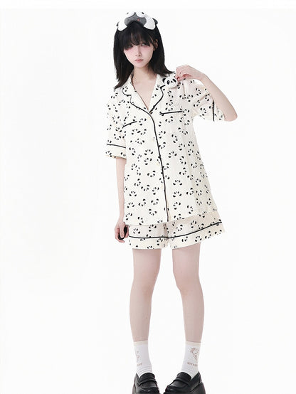 Collar + Allover Panda Print Shirt Shorts Beige Elastic Waist Edge Pajamas Set Scalloped