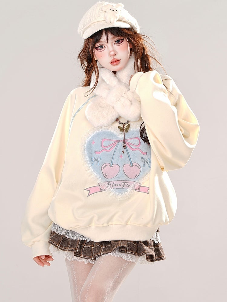 Apricot Lace Trim Heart Applique Round Neck Loose Sweatshirt