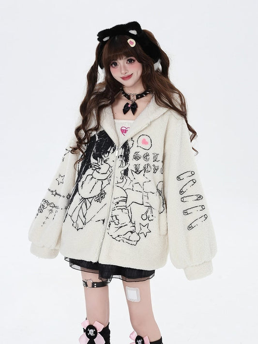 Beige Kitty Ear Design Thick Zip Hooded Jacket