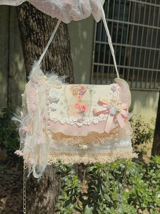 Light Pink Floral Feather Decorated Shoulder Bag