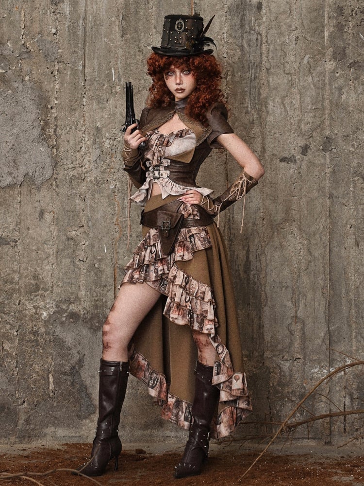 Brown Steampunk Retro Oil Ruffle Trim High-low Skirt