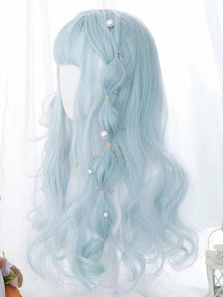 Light Blue 60CM Under Bust Length Wavy Wig With Bangs