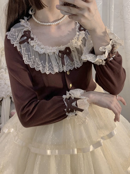 with Sleeves Accents Delicate Lace Cardigan and Coffee Bow Cozy Long Trim