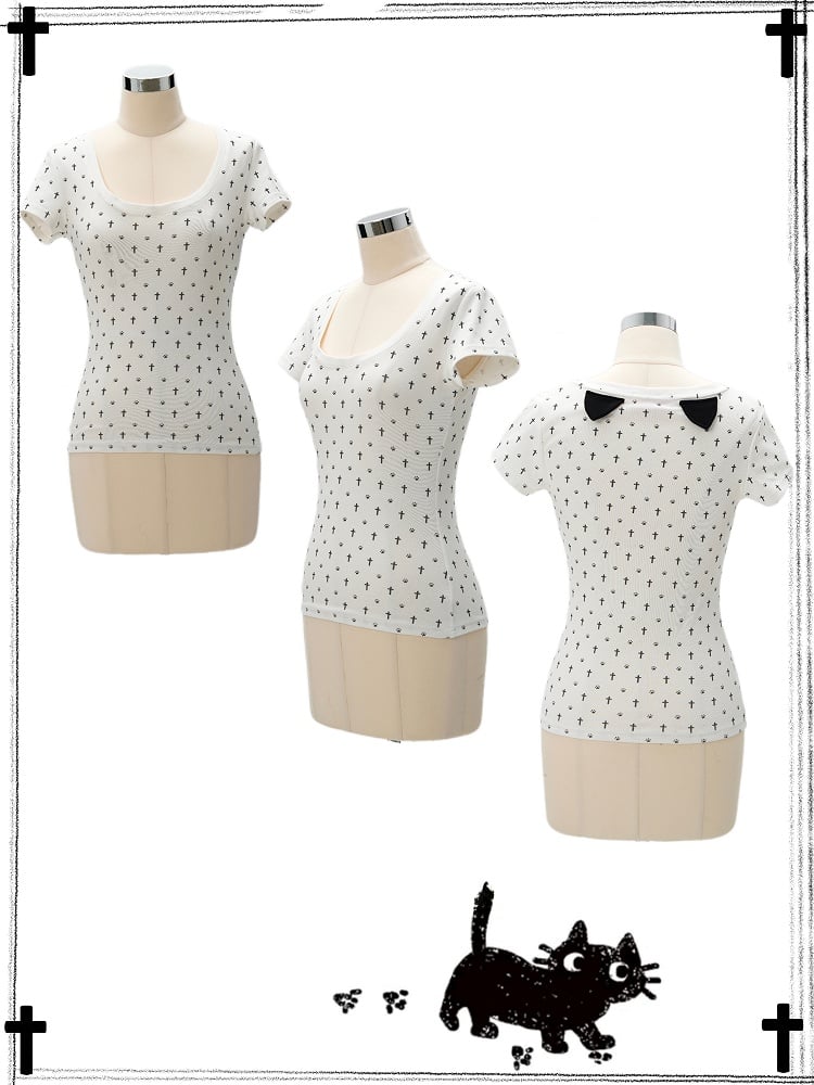 Cat Paw Print Cat Ears Gothic and Back at White Cross Detail T-Shirt Allover Pastel