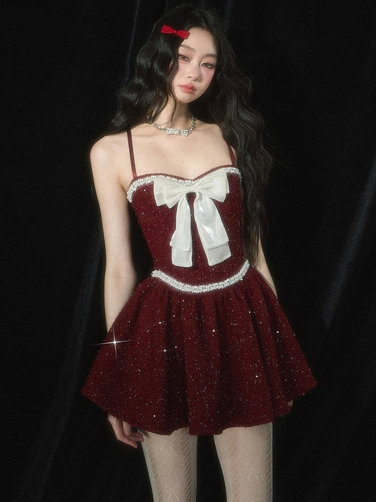 Christmas Red Bowknot and Bead Details Tweed Slip Dress