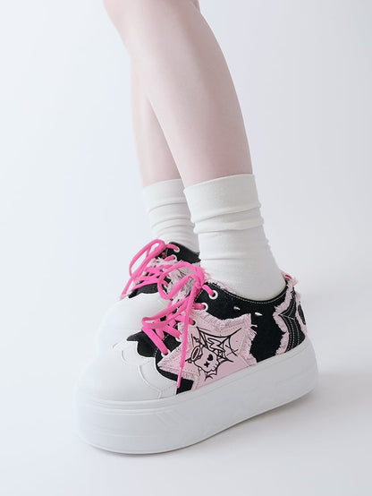 Black Pink Star Applique Platform Sneakers