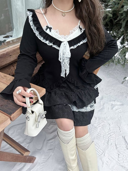 Plus Size Black Fake Two-piece Ruffle Trim V-neck Long Sleeves Top