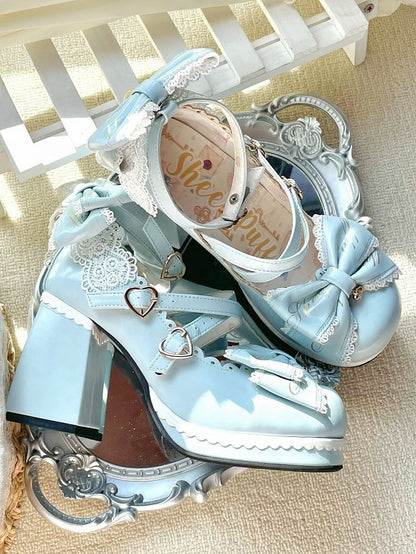 Heels Heart at Block High Buckles Blue Bow Crisscross Design Detachable Top