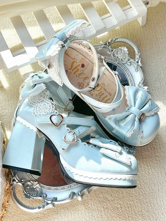 Heels Heart at Block High Buckles Blue Bow Crisscross Design Detachable Top