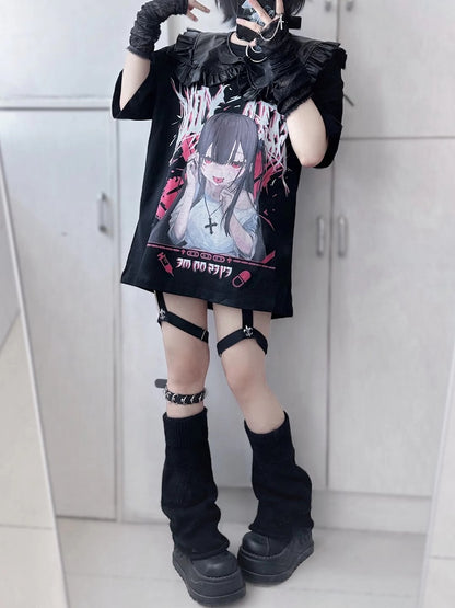 Jirai Kei Black Anime Girl Yami Kawaii T-shirt with Fake Collar Set