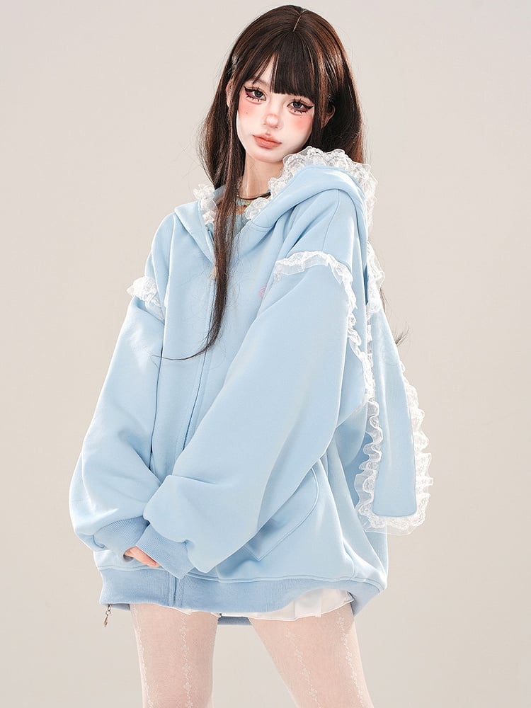 Blue/Apricot Bunny Ears Lace Trim Zip Hoodie
