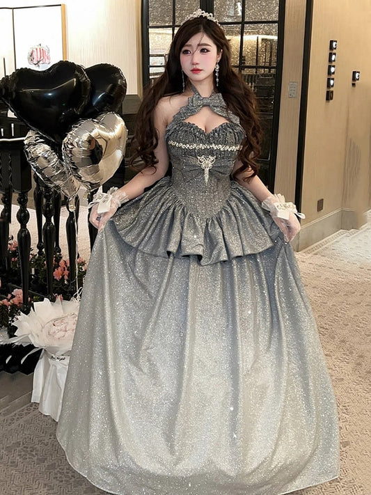 Shining Gradient Silver Halter Neck Sweetheart Neckline Top + Long Skirt Birthday Ball Gown