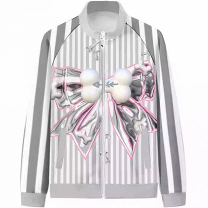 Muster Gestreift Mode Gyaru Grau Jacke Bogen Knochen Big Print