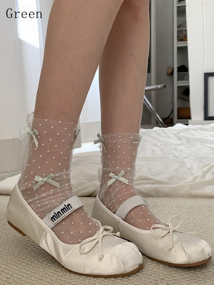 White/Black/Brown/Gray/Purple/Green Details Socks Pattern Bowknot Polka-dot Calf