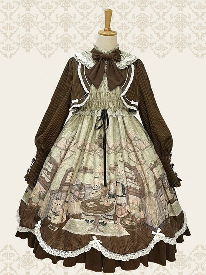 Print Lolita Two Teddy House Pieces Dress Coffee Design Long Green Sleeves Fake
