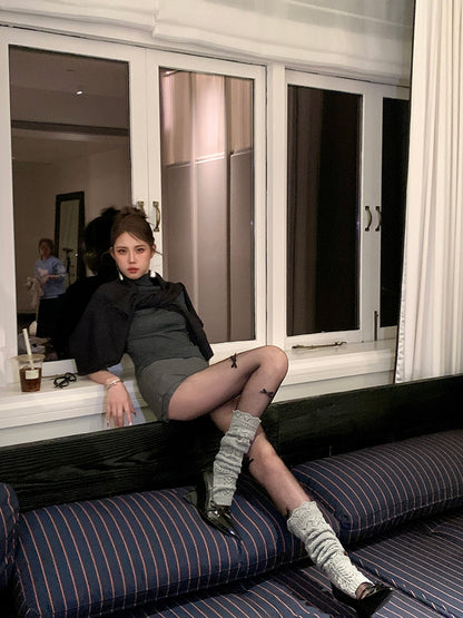 ウォーマーズ ニット ホローアウト グレー/ホワイト/ブラック レッグ