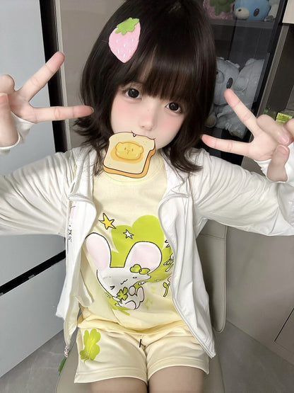 Four Lucky Cotton T-shirt Leaf Clover and Bunny Print Apricot